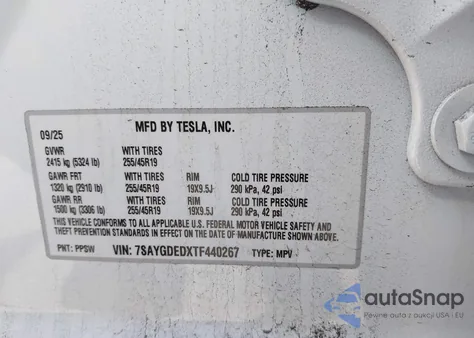 2026 Tesla Model Y Premium Rear-Wheel Drive/Standard Rear-Wheel Drive z USA, uszkodzony, nr VIN 7SAYGDEDXTF440267